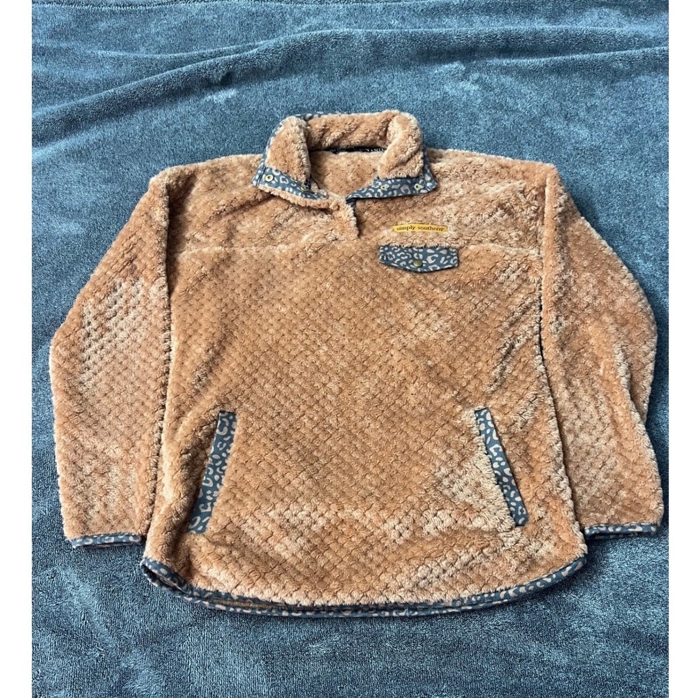 Cozy Simply Southern Tan Sherpa Fleece‎ Pullover Leopard Trim Brown Small